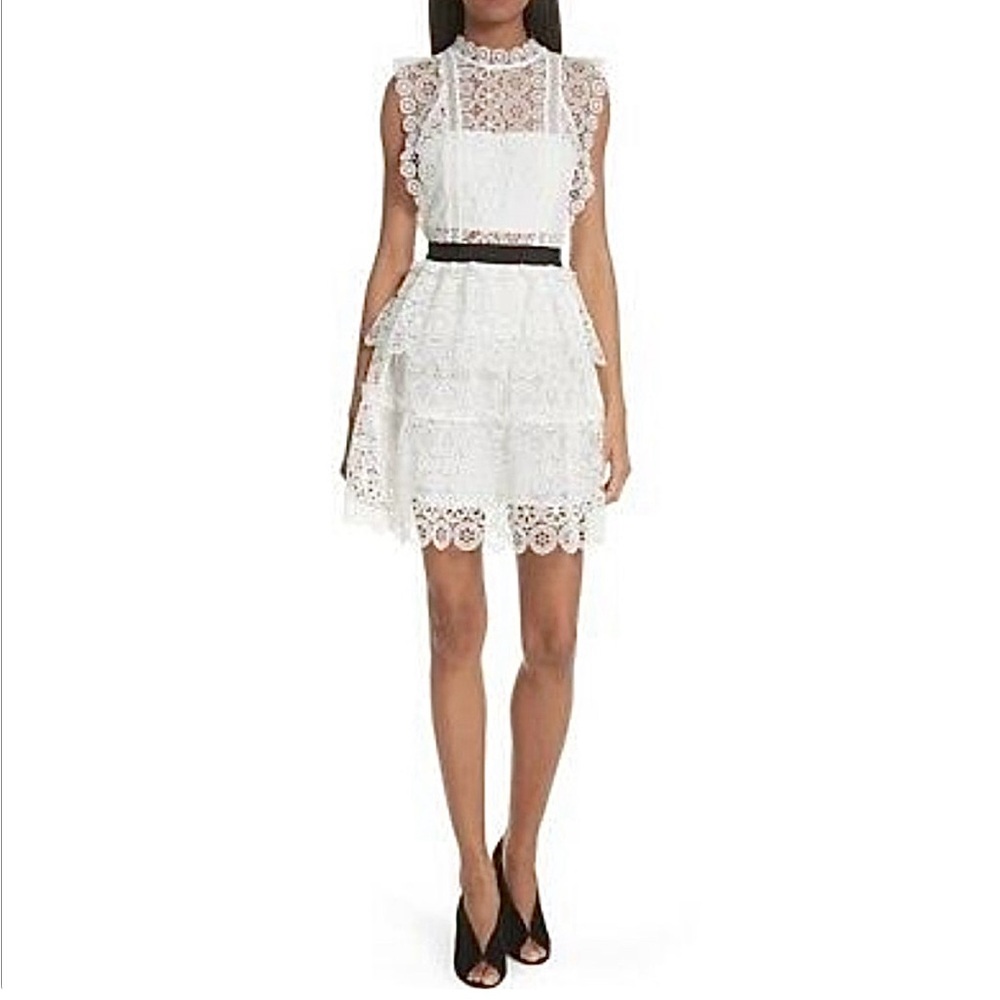 Self-Portrait White Lace Tiered Mini Dress with Black Waistband